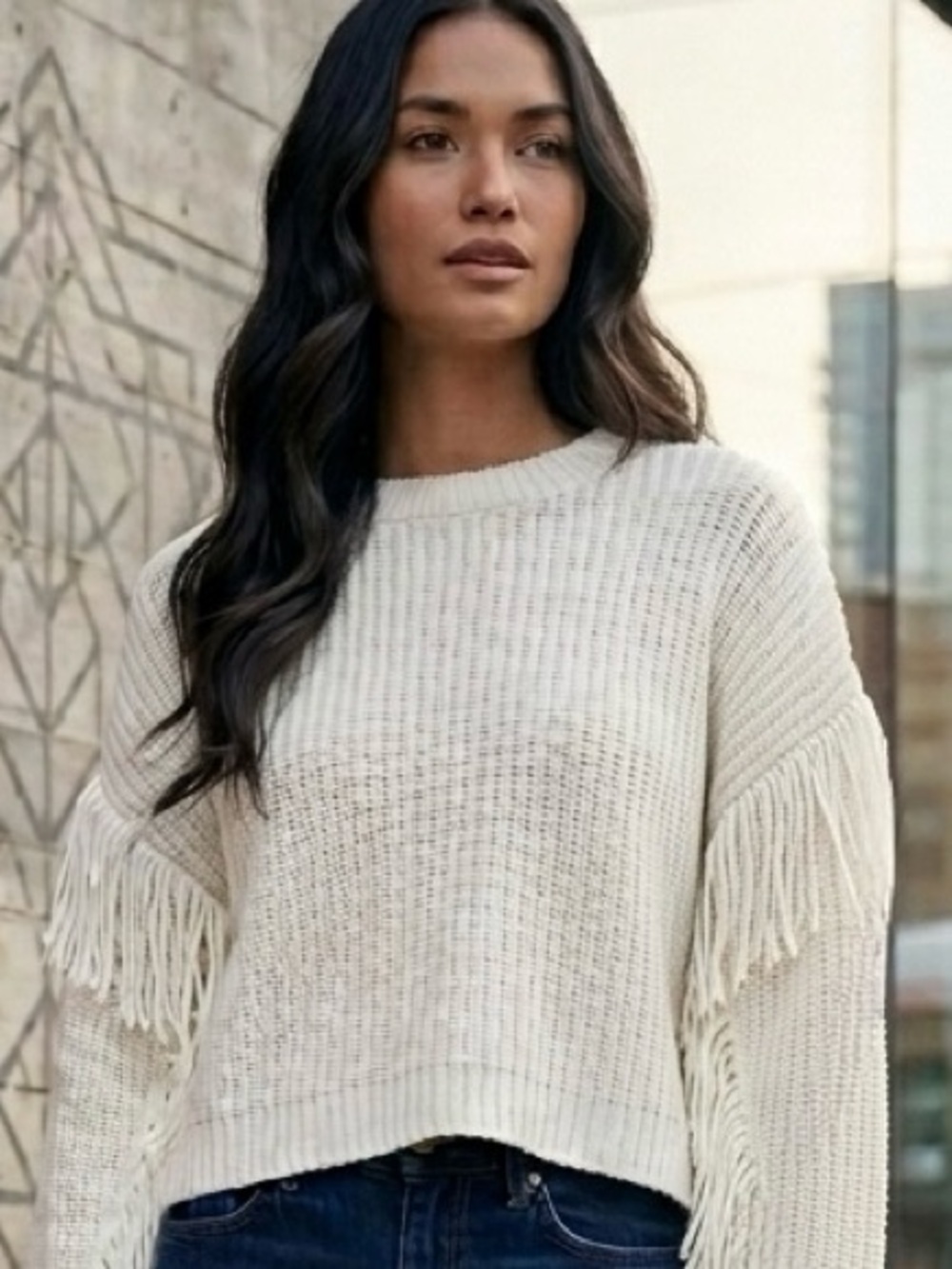 Free For All_Fringe Long Sleeves Knitted Cropped Crewneck Cream Sweater Size: L - Picture 3 of 8